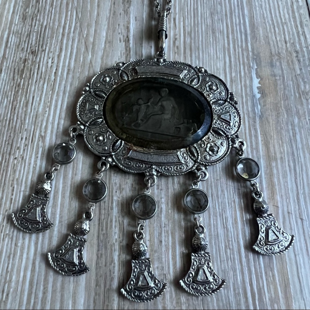 Rare Designer Goldette Reverse Carved Glass Roman Intaglio Medallion Necklace - Picture 4 of 7